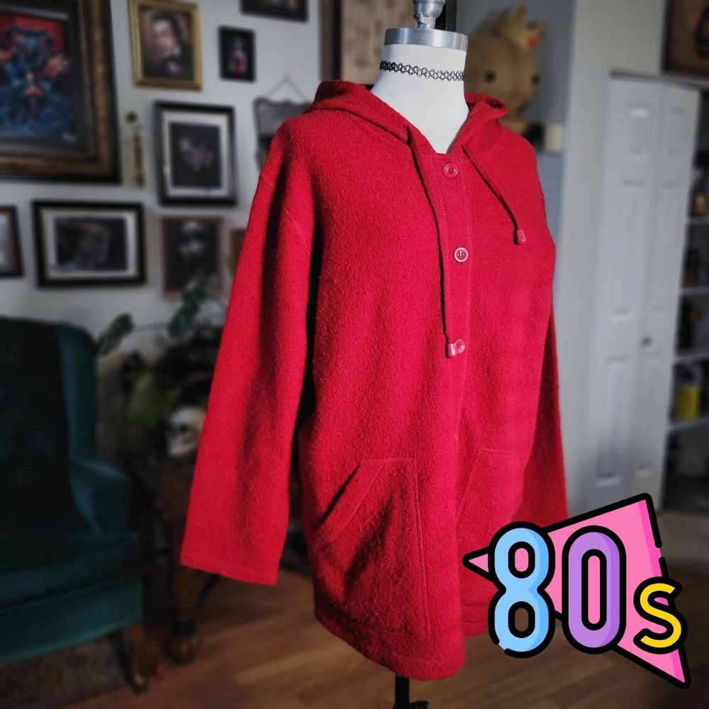 Nek Red Wool Sweater Vintage 80s Hooded Button Front Pullover Jacket Women‎ M
